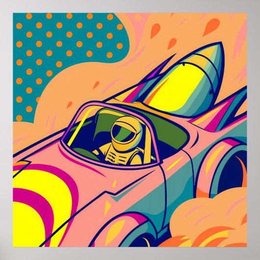 Pop Art Astronaut Driving Rocket Car ポスター (正面)