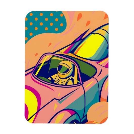 Pop Art Astronaut Driving Rocket Car マグネット (縦)