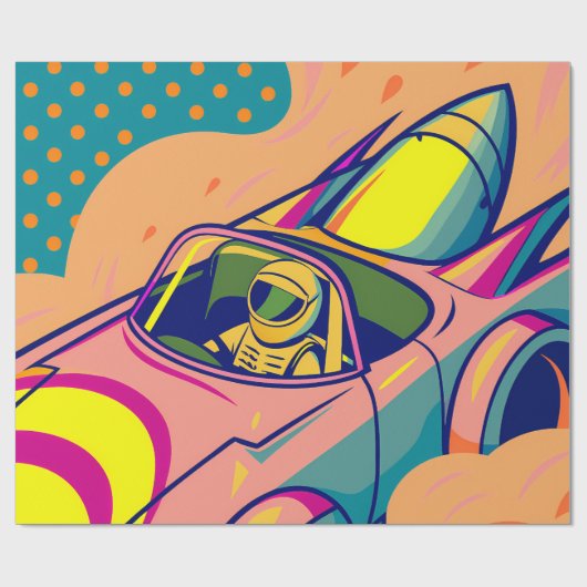 Pop Art Astronaut Driving Rocket Car ラッピングペーパー (フラット)