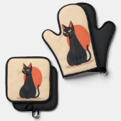 Pop Art Black Cat with Orange Sun 鍋つかみ&鍋敷きセット (正面/裏面)