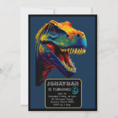  Pop Art Blue Dinosaur birthday 招待状 (正面)