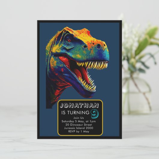  Pop Art Blue Dinosaur birthday 招待状 (スタンド正面)