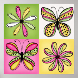 Pop Art Butterflies and Flowers ポスター