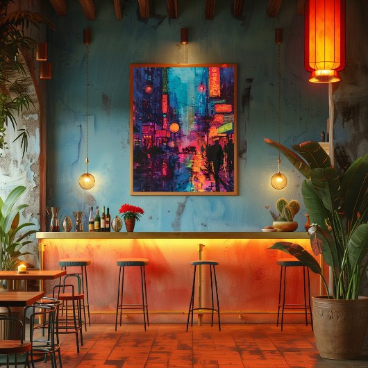 Pop Art: Calle de la Ciudad Nocturna フォトプリント