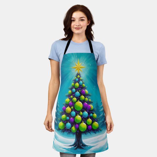 Pop Art Christmas with Neon Green Blue Purple エプロン (着用した状態)