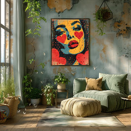 Pop Art de Rostro con Corazones フォトプリント