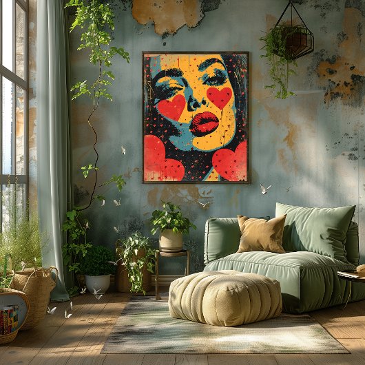 Pop Art de Rostro con Corazones フォトプリント