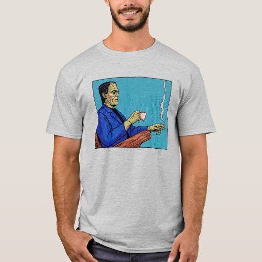 Pop Art Frankenstein Monster Drinking Tea Halftone Tシャツ (正面)