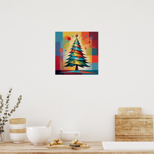 Pop Art Geometric Christmas Tree on Squares ポスター (キッチン)
