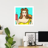Pop Art Girl with Burger Kitchen  24x24 Poster ポスター (ホームオフィス)