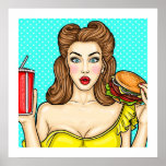 Pop Art Girl with Burger Kitchen  24x24 Poster ポスター<br><div class="desc">This poster/print  would be great for a retro kitchen.  Choose your own size,  background color and quality of paper. Use the Zazzle framing tools to see what this image will look like framed. Increase or decrease the border to suit your vision.</div>