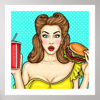 Pop Art Girl with Burger Kitchen 24x24 Poster ポスター