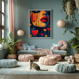 Pop Art Intenso: Rostro y Corazones フォトプリント