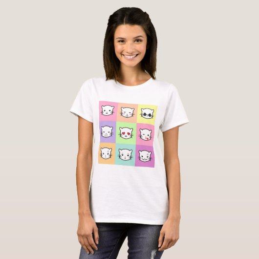 Pop Art Kawaii Cat Emoji Tシャツ (正面フル)