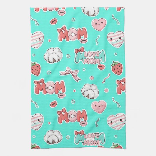 Pop Art MOM Love Pattern in Turquoise (3) キッチンタオル (縦)