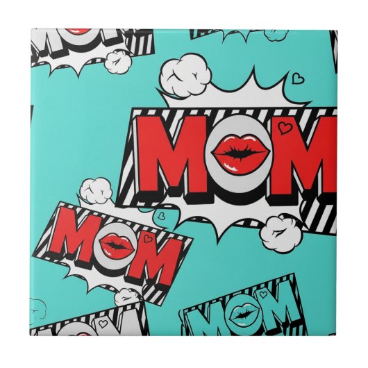 Pop Art MOM Love Pattern in Turquoise (4) タイル (正面)