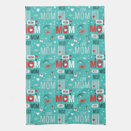 Pop Art MOM Love Pattern in Turquoise (7) キッチンタオル (縦)