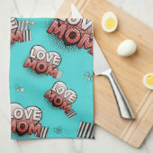Pop Art MOM Love Pattern in Turquoise (8) キッチンタオル (四つ折り)
