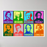 Pop Art Music Composers | Bright Mod ポスター<br><div class="desc">Bright colors add a modern pop art spirit to these graphic stylized portraits of famous musical composers. Each portrait is designed featuring two different intense colors and has the artists first name placed below in a bold, clean font. Eight composers are featured: Chopin, Bach, Wagner, Schubert, Tchaikovsky, Shostakovich, Mozart, and...</div>