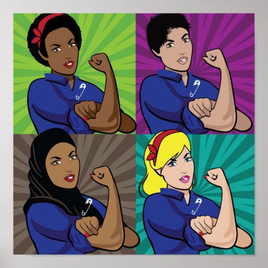 Pop art of multicultural Rosie the Riveters wearin ポスター (正面)