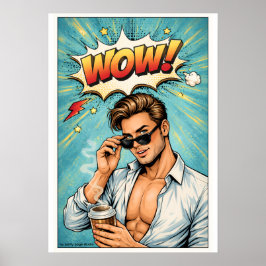 Pop Art Poster „WOW!“ – Attraktiver Mann Comic Wan ポスター
