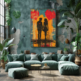 Pop Art Romántico: Pareja con Globos de Corazón フォトプリント
