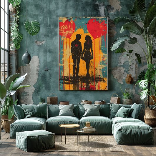 Pop Art Romántico: Pareja con Globos de Corazón フォトプリント