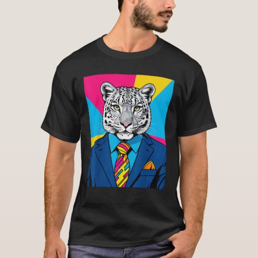 Pop Art Snow Leopard in Business Suit Tシャツ (正面)