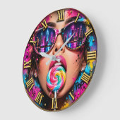 Pop City Lollipop Colorful Woman Portrait ラージ壁時計 (傾斜)