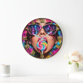 Pop City Lollipop Colorful Woman Portrait ラージ壁時計 (ホーム)
