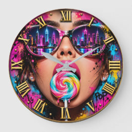 Pop City Lollipop Colorful Woman Portrait ラージ壁時計