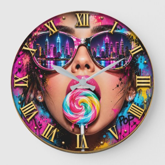 Pop City Lollipop Colorful Woman Portrait ラージ壁時計 (正面)
