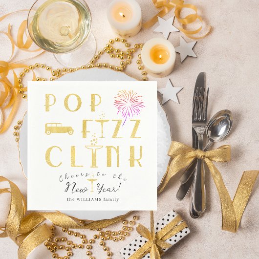 Pop Fizz Clink Gold Modern Typograpy New Years Eve スタンダードカクテルナプキン
