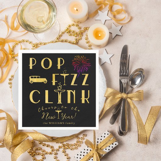 Pop Fizz Clink Gold Typograpy Modern New Years Eve スタンダードカクテルナプキン