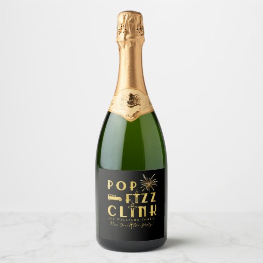 Pop Fizz Clink Gold Typograpy Modern New Years Eve スパークリングワインラベル (正面)