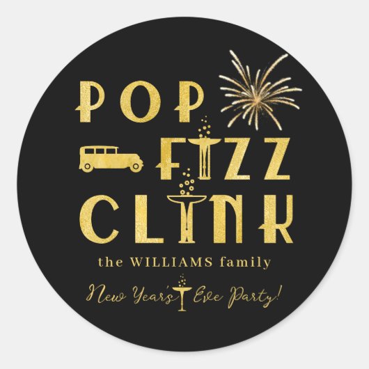 Pop Fizz Clink Gold Typograpy Modern New Years Eve ラウンドシール (正面)