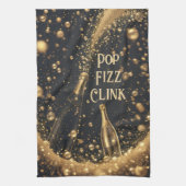 Pop Fizz Clink Midnight Gold Champagne Bubbles  キッチンタオル (縦)