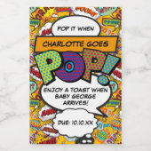 Pop It When She Goes POP! 面白くてコミック風のベビーシャワー ワインラベル (シングルラベル)