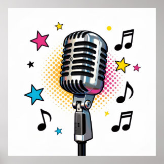 Pop microphone with colorful stars and music notes ポスター