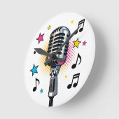 Pop microphone with colorful stars and music notes ラウンド壁時計 (傾斜)