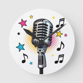 Pop microphone with colorful stars and music notes ラウンド壁時計