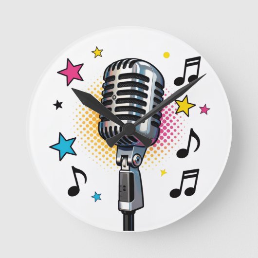 Pop microphone with colorful stars and music notes ラウンド壁時計 (正面)