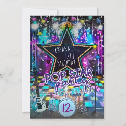 POP STAR PARTY バースデーパーティーの音楽ダンスの招待状 招待状 (正面)