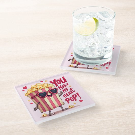 Popcorn Heart Pop Valentine Design ガラスコースター (アングル)