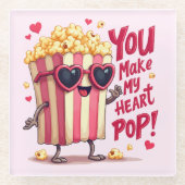 Popcorn Heart Pop Valentine Design ガラスコースター (正面)