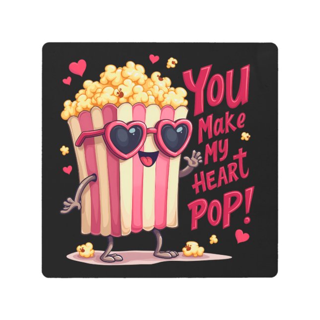 Popcorn Heart Pop Valentine Design メタルプリント (正面)