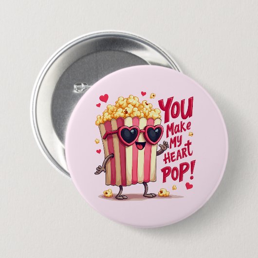 Popcorn Heart Pop Valentine Design 缶バッジ (正面&裏面)