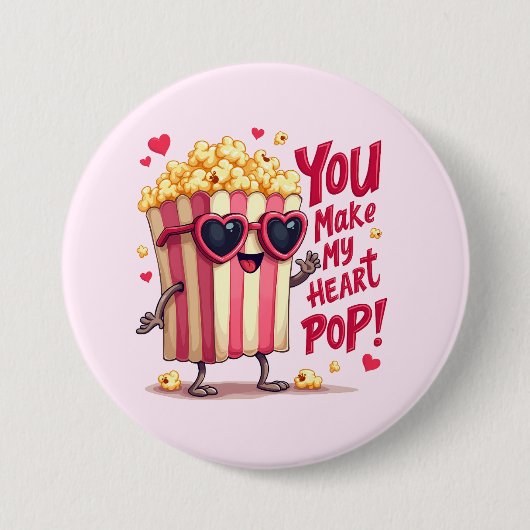 Popcorn Heart Pop Valentine Design 缶バッジ (正面)