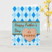 Poppa、木製のハート、アーガイル柄のなデザインのための父の日 カード (黄色い花)