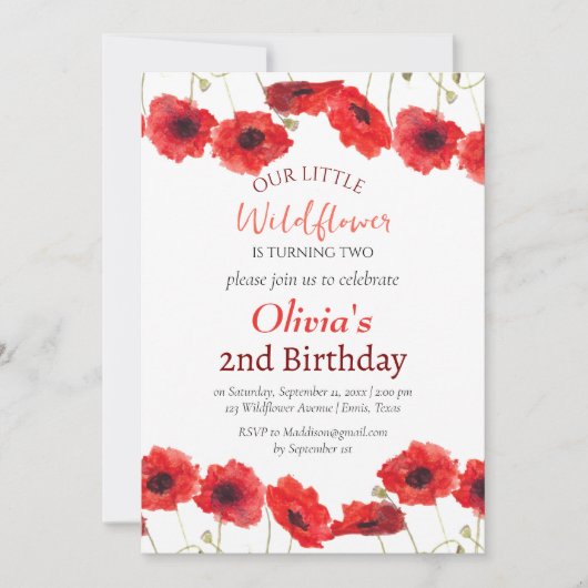 Poppies 2nd Second Birthday Girl Red Floral  招待状 (正面)